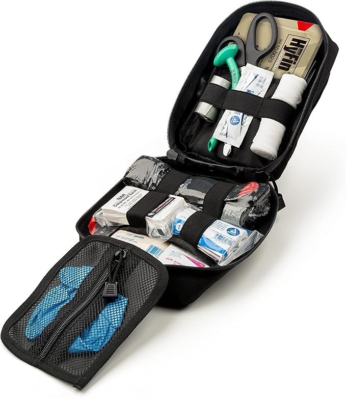 Scherber Premium IFAK Kit Trauma Pack | HSA/FSA Approved | Fully Stocked MOLLE Pouch w/CAT Tourniquet, HyFin Chest Seal, &amp; Israeli Bandage | Trauma Kit for Gunshot, Bleeding, Major Wound Care (Black)