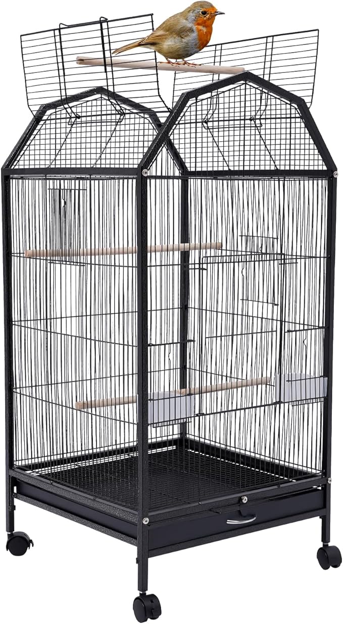 40-Inch Wrought Iron Bird Cage with Open-Top and Rolling Stand, Movable Parrot Cage Pet Bird Flight Cage, 360 Degree View Spacious Interactive Roof Pet Bird House for Medium&amp;Small Birds