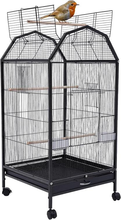 40-Inch Wrought Iron Bird Cage with Open-Top and Rolling Stand, Movable Parrot Cage Pet Bird Flight Cage, 360 Degree View Spacious Interactive Roof Pet Bird House for Medium&amp;Small Birds