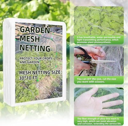 Garden Netting Kit, 10X30 Ft Garden Ultra Fine Mesh Net Bird Barrier Protection with Garden Hoops for Protect Garden Vegetables Flowers Shrubs Fruit Trees Indoors &amp; Outdoors Plant Beds Greenhouse