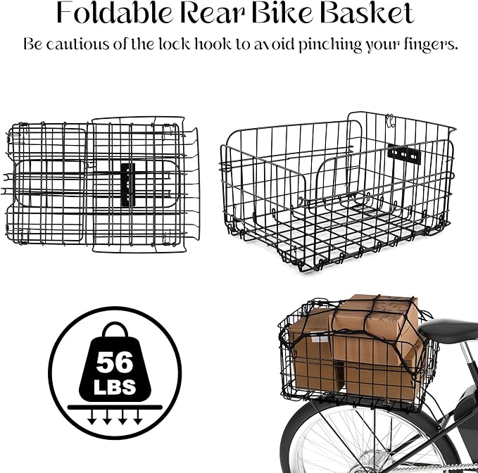 Aodaer Bike Basket with Removable Liner Bag Cargo Net Large Folding Bike Basket Quick Release Metal Ebike Basket Bicycle Storage Basket for Carrying Fruit &amp; Grocery Pets Dogs