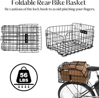 Aodaer Bike Basket with Removable Liner Bag Cargo Net Large Folding Bike Basket Quick Release Metal Ebike Basket Bicycle Storage Basket for Carrying Fruit &amp; Grocery Pets Dogs