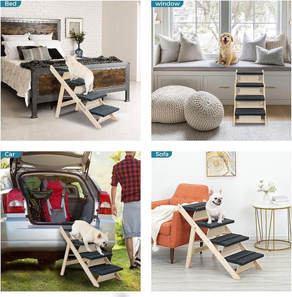 Wood Pet Stairs/Pet Steps for All Dogs and Cats - 2-in-1 Foldable Carpeted 4 Tiers Dog Stairs &amp; Ramp Perfect for Beds and Cars - Portable Dog/Cat Ladder Up to 150 Pounds