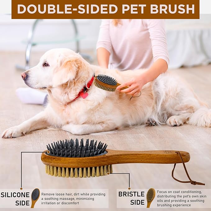TAKAVU Short Hair Dog &amp; Cat Deshedding Brush - Double Sided Grooming Tool with Silicone Massage &amp; Bristle Sides - Removes Loose Fur &amp; Dirt - Wood Handle