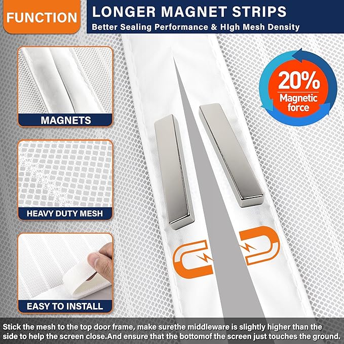 Magnetic Screen Door, Heavy Duty Door Screen Magnetic Closure Keep Bugs Out,Pet &amp; Kid Friendly，Hands Free Door Screen Fit Door Size 32 x 80 Inches White