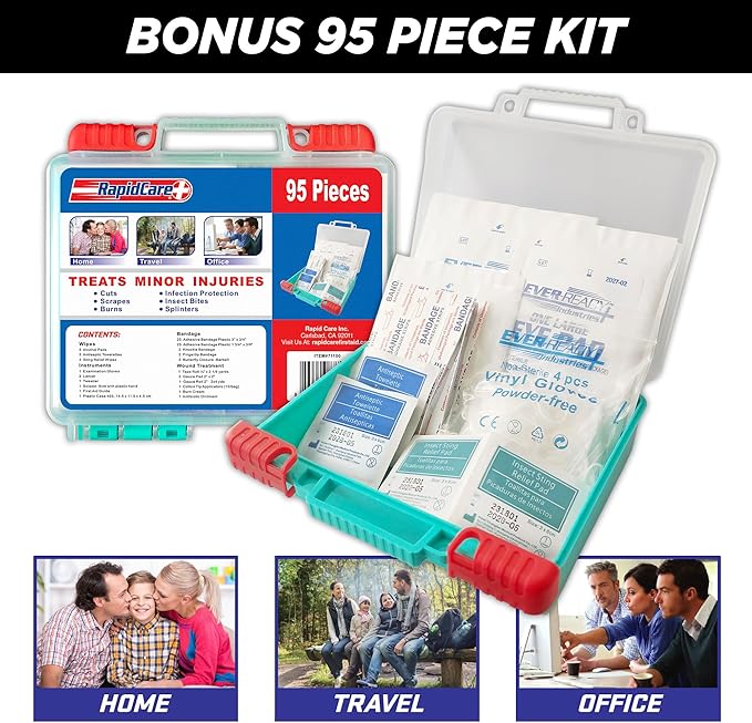 Rapid Care First Aid Kit – 300+ Piece Emergency Medical Kit with Bonus 95-Piece Travel Pack – Outdoor, Workplace, and Home Use – Color Coded &amp; Labeled for Quick Access