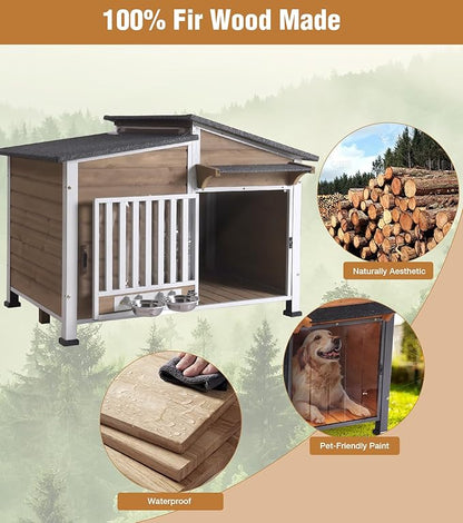 GUTINNEEN Dog House Outdoor with Anti-Chewing Metal Frame, Wooden Dog Kennel with 360° Rotating Feeding Bowl, Weatherproof Roof, for Indoor &amp; Outdoor Use - Brown