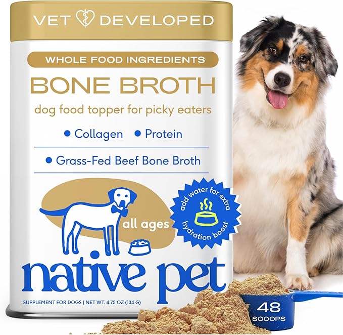 Native Pet Bone Broth for Dogs - Made with Real Beef Bone Broth, Dog Food Toppers for Picky Eaters - Provides Extra Hydration &amp; Nutrition for Joint Strength, Immunity &amp; Heart Health-48 Scoops