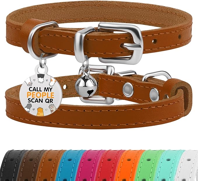 BRONZEDOG Leather Cat Collar with Removable Bells Non Breakaway Kitten QR Tag for Girl Boy (7" - 9" for Cats, Light Brown &amp; Silver)