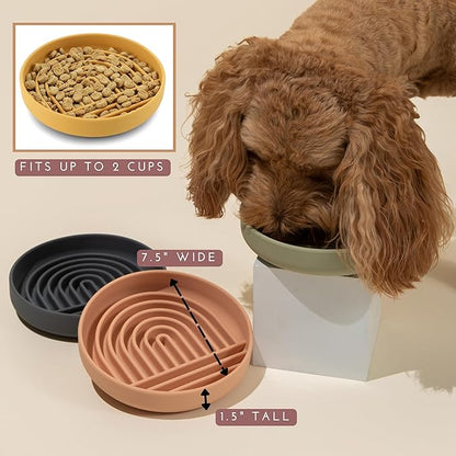 The Slowdown Bowl Silicone Slow Feeder for Dogs &amp; Puppies, Slow Eating, Modern Lick Mat Design, Reduces Gulping, Fits 2 Cups 7.5” Across x 1.5” Tall, Mealtime Challenge, Medium-Tan