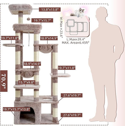 Heybly Heavy Duty Cat Tree, 71-Inch Tall Tower for Large Maine Coon with Extra-Large Baseboard, Cat Condo Furniture with Multi-Level Platforms, 2 Hammocks and 12 Scratching Posts, Muchroom HCT037MU