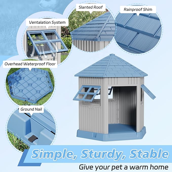 Durable Dog House Indoor Outdoor for Small Medium Dogs, Weatherproof Puppy Shelter with Elevated Floor &amp; Air Vents, Easy Clean and Assemble (Blue, 36.61L*29.5W*37.4H)
