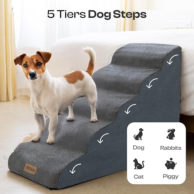 Dog Stairs for High Beds Up to 30", Extra-Tall 24.5" 5-Step Foam Pet Ramp with Washable Cover, Gentle Slope Steps, Bed &amp; Couch Ladder for Small Medium Dogs &amp; Senior Cat, Puppy Climbing Stairs