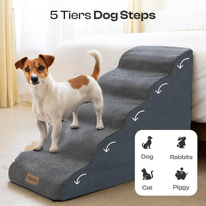 Dog Stairs for High Beds Up to 30", Extra-Tall 24.5" 5-Step Foam Pet Ramp with Washable Cover, Gentle Slope Steps, Bed &amp; Couch Ladder for Small Medium Dogs &amp; Senior Cat, Puppy Climbing Stairs