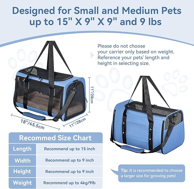 PETSFIT Soft-Sided Cat Carriers &amp; Car Seats with Patent Safe Buckles, Clip-On Harness，18"x11"x11" Airline Approved Pet Carrier - 9 lbs Capacity (Blue)