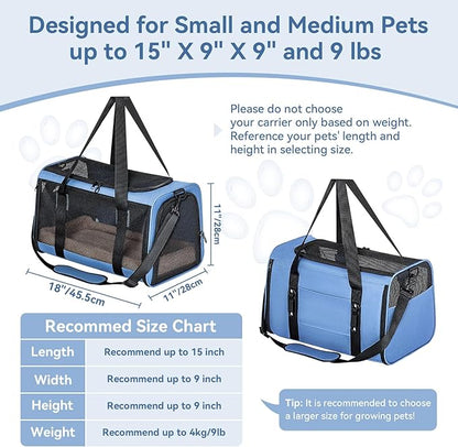 PETSFIT Soft-Sided Cat Carriers &amp; Car Seats with Patent Safe Buckles, Clip-On Harness，18"x11"x11" Airline Approved Pet Carrier - 9 lbs Capacity (Blue)
