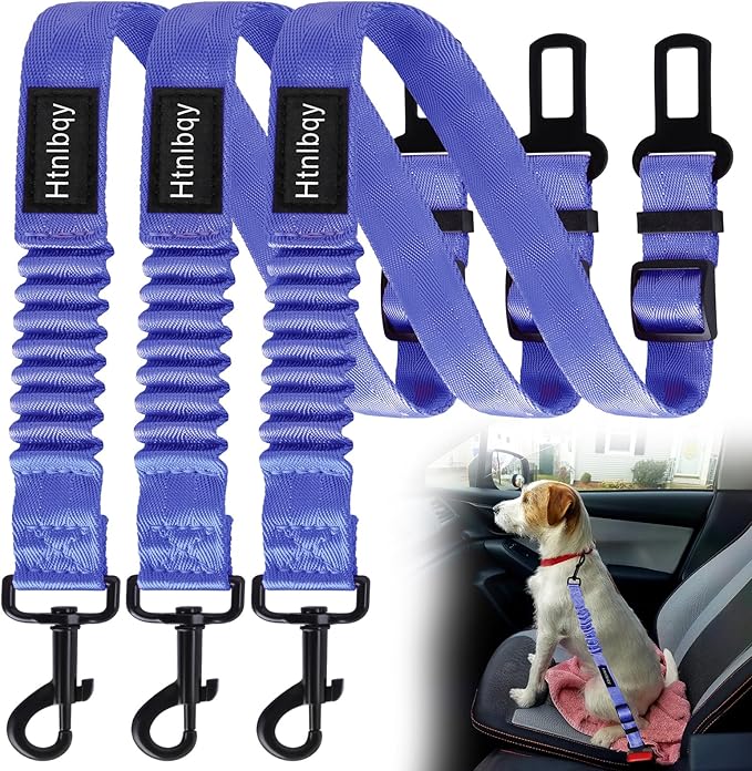 3 Pack Thickened Dog Seat Belt, Set Retractable Dog Car Adjustable Seatbelts for Vehicle Nylon Pet Safety Heavy Duty &amp; Elastic &amp; Durable Car Harness for Dogs, Blue