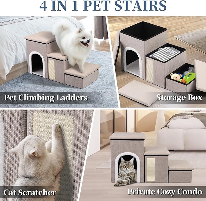 Dog Steps for Bed and Couch, 17”H Foldable Dog Stairs for Small Older Dogs Cats, Adjustable Pet Cat Stairs Ramps with Storage with Condo, Scratcher, Hold Up to 180LBS, Pet Cat Steps Beige