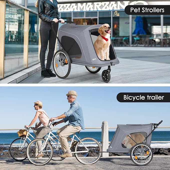 R8 Extra Large Foldable Pet Stroller, Dog Stroller &amp; Pet Trailer for Large Dogs Under 100 lbs, Unmovable, Disabled &amp; Pregnant Dogs - Conveniently Carriable by Bike and Car, Grey