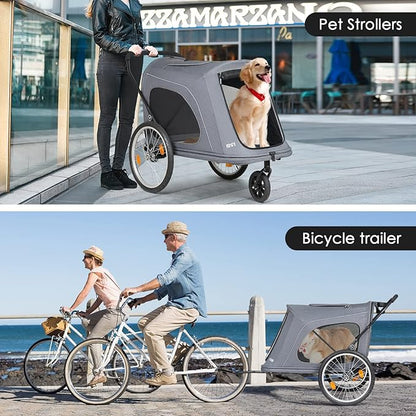 R8 Extra Large Foldable Pet Stroller, Dog Stroller &amp; Pet Trailer for Large Dogs Under 100 lbs, Unmovable, Disabled &amp; Pregnant Dogs - Conveniently Carriable by Bike and Car, Grey
