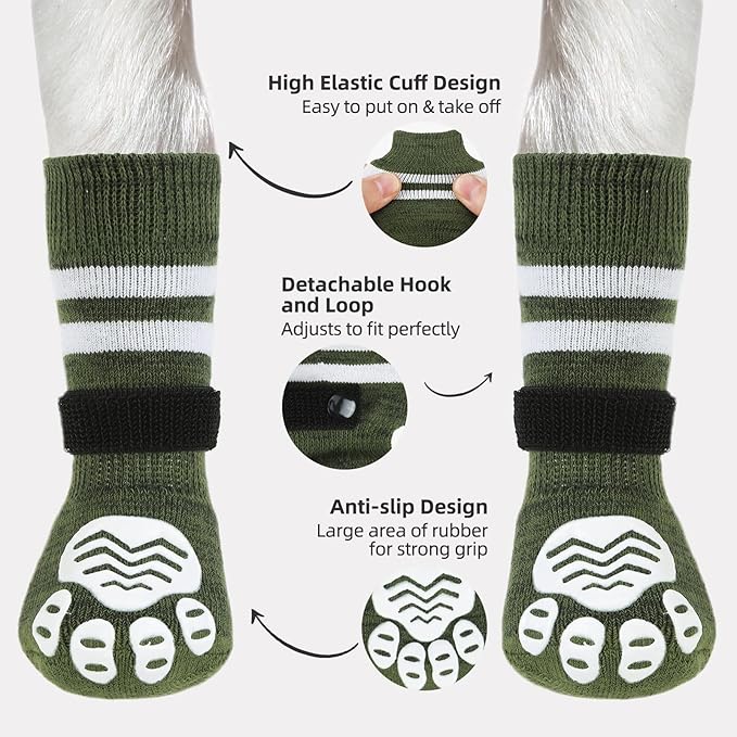 PUPTECK Non-slip Dog Socks to Prevent Licking Paws, Double Sides Dog Boots &amp; Paw Protectors Booties Traction on Hardwood Floors Hot Pavement with Grippers, for Small Medium Large Senior Dogs, Green XL