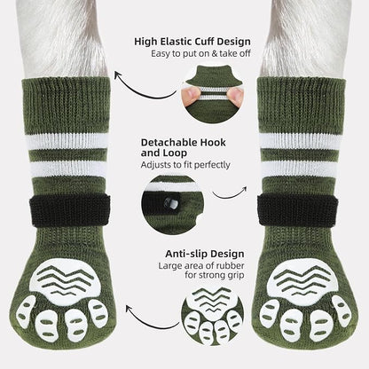 PUPTECK Non-slip Dog Socks to Prevent Licking Paws, Double Sides Dog Boots &amp; Paw Protectors Booties Traction on Hardwood Floors Hot Pavement with Grippers, for Small Medium Large Senior Dogs, Green XL