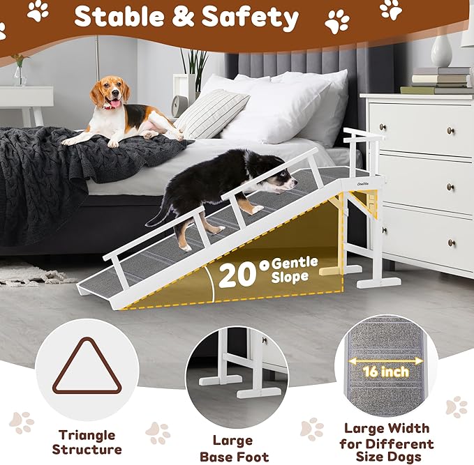 Onelike Wooden Dog Ramp for Bed with Removable Side Rail and Non-Slip Carpet, Stable Pet Ramp Stair for Couch Sofa for Small &amp; Large &amp; Senior Dogs, 60" Long Ramp White