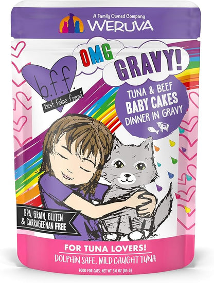 Weruva B.F.OMG - Best Feline Friend Oh My Gravy!, Tuna &amp; Beef Baby Cakes with Tuna &amp; Beef in Gravy Cat Food, 3oz Pouch (Pack of 12), Purple (0152)