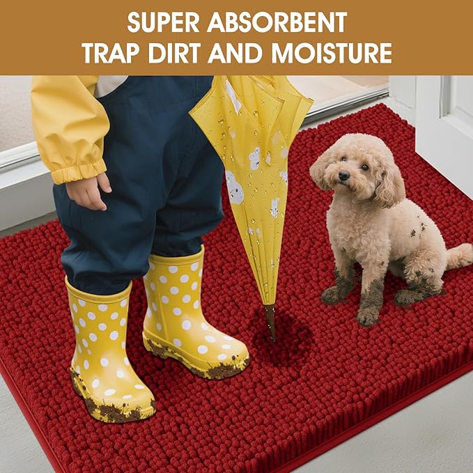 IM HOME 36" x 24" Red Dog Door Mats for Muddy Paws, Chenille Absorbent Dog Mat, Non Slip Heavy Mud Mat for Dogs, Soft Pet Bed Mat for Entryway, Mud Paws, Inside Floor