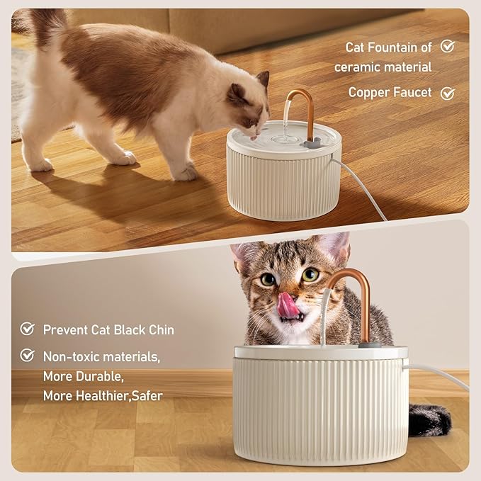 DOOOB Ceramic Cat Water Fountain, 2.1L/71oz Ceramic Cat Fountains, Automatic Pet Water Fountain for Cats, Pet Water Fountain with Ultra-Quiet Pump and 3 Filters &amp; 3 Sponges (Beige)