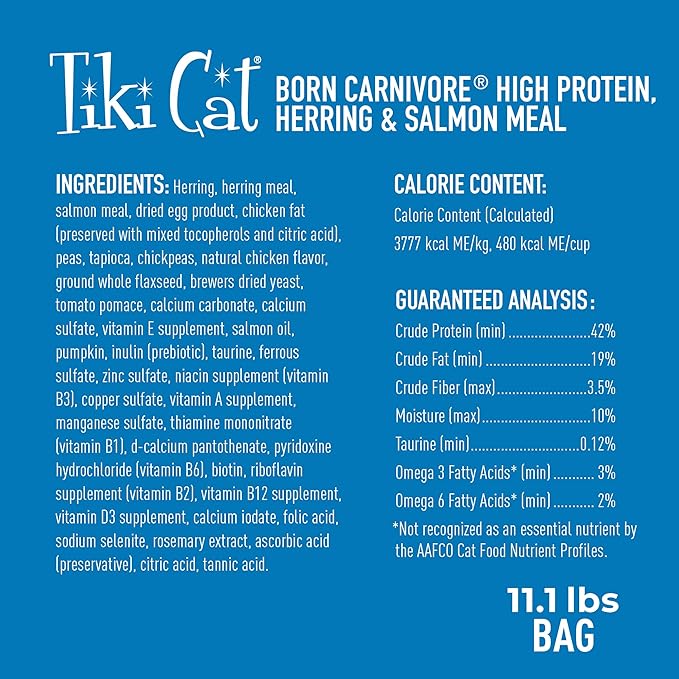 Tiki Cat Born Carnivore High Protein Dry Cat Food, Herring &amp; Salmon Meal, 11.1 lbs. Bag