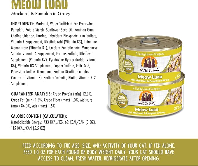 Weruva Classic Cat Food, Meow Luau with Mackerel &amp; Pumpkin in Gravy, 5.5oz Can (Pack of 24)