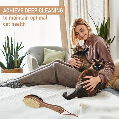 Takavu Double-Sided Boar Bristle Cat Brush - Natural Grooming Tool for Gentle Cleaning, Shine &amp; Reduced Loose Hair - Wood Handle Pet Brush