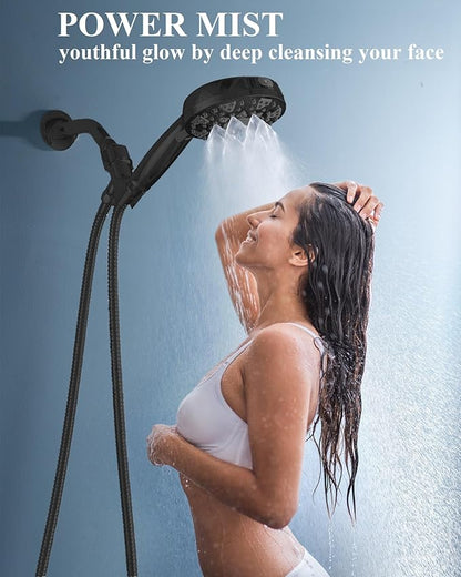 High Pressure Shower head with Handheld 7 Modes, Built-in Power Wash to Clear Tub. Tile &amp; Pets, 5” High Flow Hand Held Hydro Rain Showerhead with Stainless Steel Hose and Adjustable Bracket-Matt Black