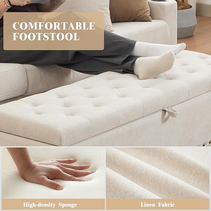 Mangodan51” Linen End of Bed Storage Bench, Tufetd Upholstered Storage Ottoman Bench with Safety Hinge, 330 lb Large Ottoman with Storages for Living Room, Entryway &amp; Bedroom, Window Benches, Beige