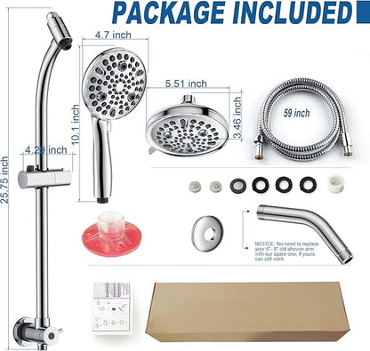 High Pressure Handheld/Rain 82-mode 3-way Shower Head Combo with 25.75" Adjustable Drill-free Stainless Steel Slide Bar, Pet &amp; Tub Power Wash and Anti-clog Nozzles, with 5ft Hose - Polished Chrome