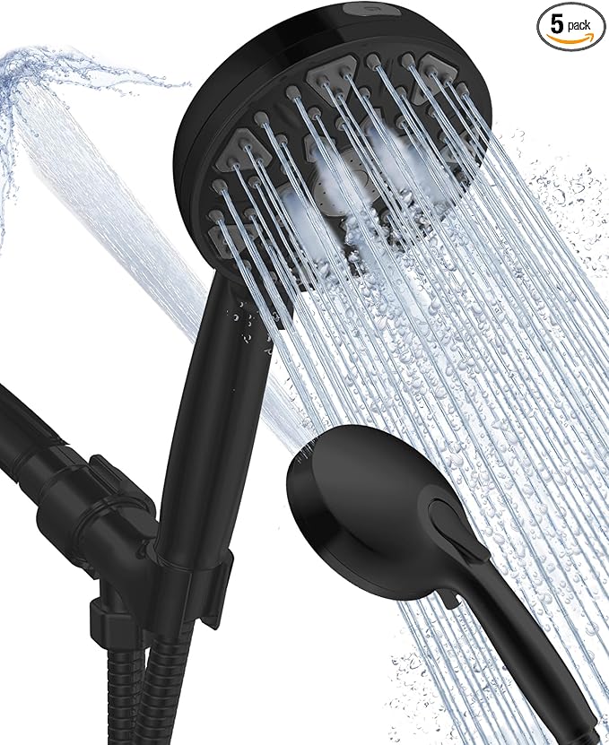 High Pressure Shower head with Handheld 7 Modes, Built-in Power Wash to Clear Tub. Tile &amp; Pets, 5” High Flow Hand Held Hydro Rain Showerhead with Stainless Steel Hose and Adjustable Bracket-Matt Black