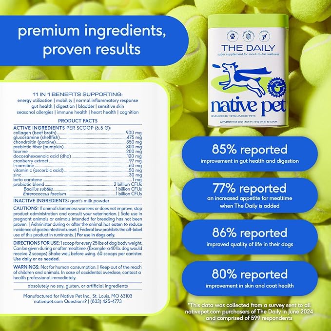 Native Pet Dog Vitamins &amp; Supplements - 11-in-1 Multivitamin Powder for Dogs Food Topper - Collagen, Glucosamine, Probiotics, Omega &amp; More- Supports Healthy Gut, Mobility &amp; Overall Health -30 Scoops