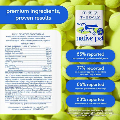 Native Pet Dog Vitamins &amp; Supplements - 11-in-1 Multivitamin Powder for Dogs Food Topper - Collagen, Glucosamine, Probiotics, Omega &amp; More- Supports Healthy Gut, Mobility &amp; Overall Health -30 Scoops