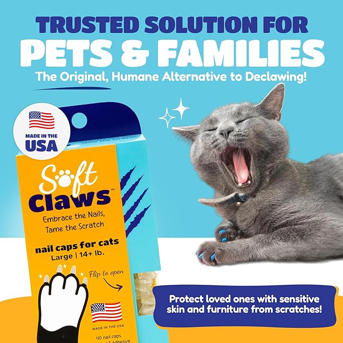 Soft Claws Cat Nail Caps for Large Cats – (40 Caps, Blue) - Made in USA - Veterinarian-Developed | Protects Furniture &amp; Skin - Easy to Apply, Long-Lasting Anti-Scratch Soft Cat Claw Covers.