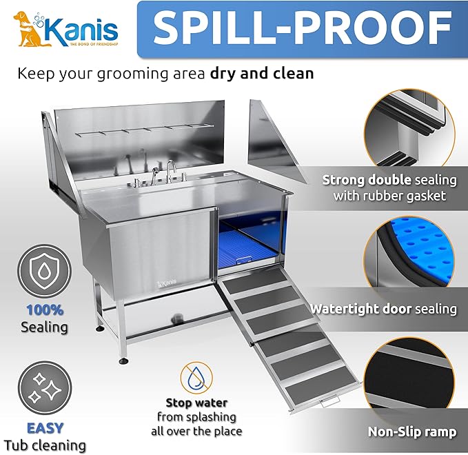 KANIS Professional Dog Washing Station - 304 Stainless Steel Pet Wash Sink &amp; Grooming Bath Tub for Home with Ramp, Shower, Floor Grate, Storage Shelf, Faucet, Drain Kit for Large, Medium &amp; Small Pets