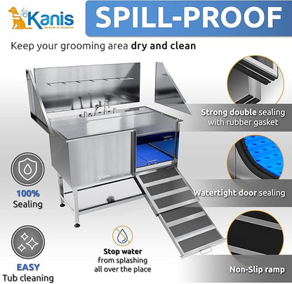 KANIS Professional Dog Washing Station - 304 Stainless Steel Pet Wash Sink &amp; Grooming Bath Tub for Home with Ramp, Shower, Floor Grate, Storage Shelf, Faucet, Drain Kit for Large, Medium &amp; Small Pets