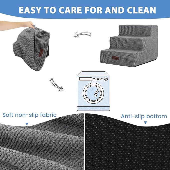 Dog Stairs for Small Dogs &amp; Cats, 3-Step Non-Slip Pet Steps for Couch Sofa and Chair, Grey, 13.6" H