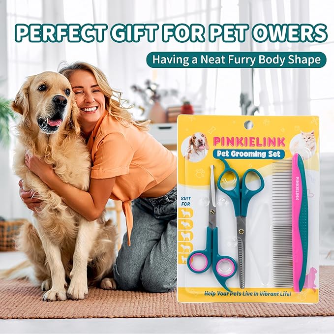 Professional Pet Grooming Kit, Stainless Steel Dog &amp; Cat Grooming Shears with Rounded Tip Blades for Safe Fur Trimming, Thinning Shears, Straight Scissors, and Pet Comb (Set of 3)