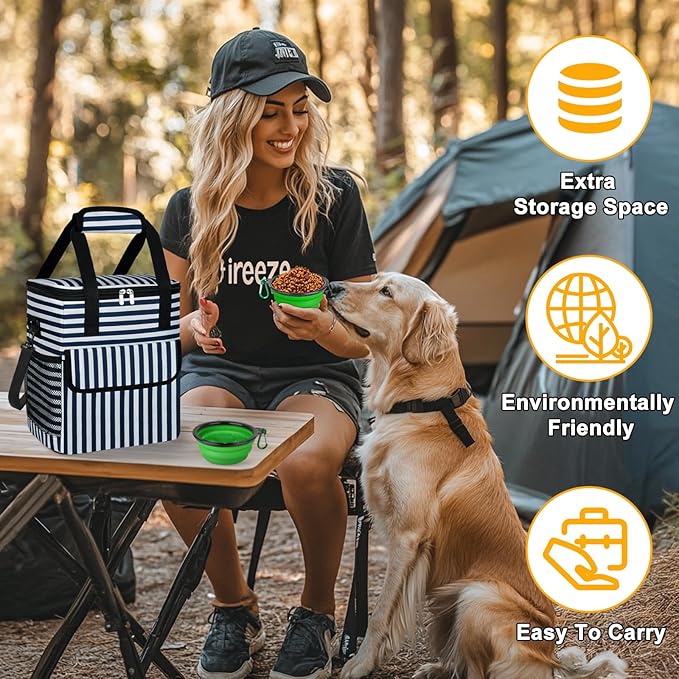 Dog Travel Bag for Camping - Pet Travel Accessories with 2 Collapsible Bowls, 2 Food Containers &amp; Waterproof Feeding Mat - Portable Dog Carrier, Stripe (Small)