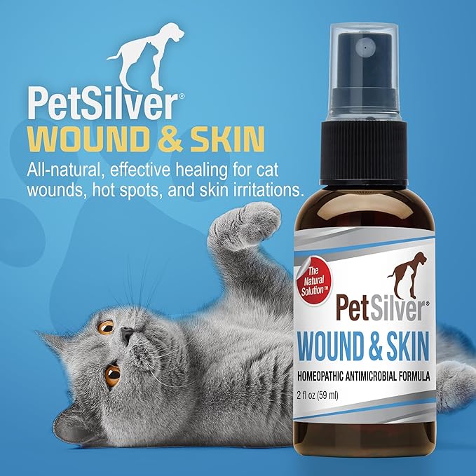 PetSilver Wound &amp; Skin Spray for Cats - Chelated Silver, Superior to Colloidal Silver - Wound Care, Allergy &amp; Itch Relief, Hot Spot Treatment for Cats - Natural Skin Soother - Made in USA - 2 fl oz