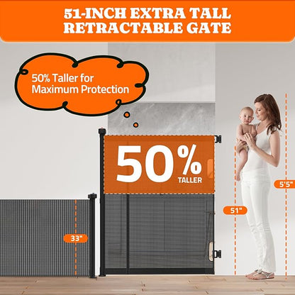 Extra Tall Retractable Baby Gates: 51" Tall Pet Gate, Extend up to 120" Wide, Mesh Baby Gate with Support Rods Jump-Proof Design for Cats &amp; Large Dogs High Dog Cat Door Indoor Outdoor, Black
