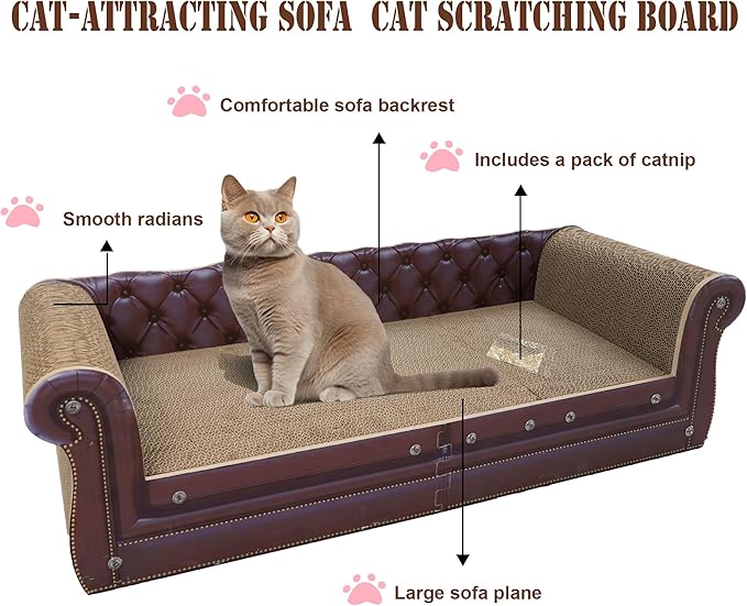 Scratching Sofa, Couch Shaped Thick Scratching Cardboard, Lounge Bed for Indoor Rest&amp;Play, Sofa Scratcher Pad (Brown, 39.4" L X 14" W X 11" H)