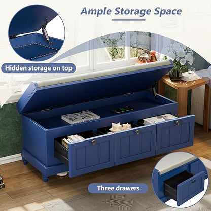 Classic Shoe Storage Bench with Cushion and Three Drawers, Fluted Entryway Bench with Storage for Entryway, Living Room, Hallways 44.0" L x 15.9" W x 18.9" H Antique Navy