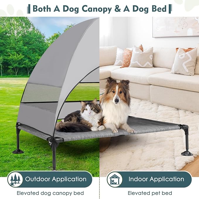 Upgraded Elevated Dog Bed with Canopy, Portable Raised Outdoor Dog Bed with Stable Anti-Slip Feet, Wider Shade Pet Bed Cot, Raised Dog Beds for Large Dogs Camping, Indoor &amp; Outdoor Use